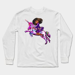 Curly hair Princess on a unicorn pony, lit up- black girl with curly afro hair on a horse Long Sleeve T-Shirt